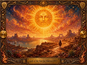 A radiant sun deity rises above a vast desert-and-sea landscape, bathing mesas, water, and a lone traveler in molten gold and amber light. The richly textured, painterly scene feels mystical and contemplative, with celestial stars, flowing musical notes, vivid wildflowers, and an ornate bronze music-themed frame surrounding the glowing composition.