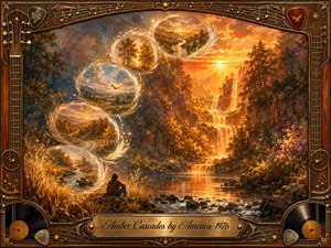 A contemplative figure rests beside a glowing river as golden waterfalls cascade through a forested canyon at sunset. Feather-edged memory bubbles sweep upward in an S-curve, revealing roads, valleys, trees, and open skies. Warm amber, copper, and gold tones illuminate the richly painted scene, framed with elegant musical and guitar-inspired details.