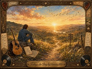 A reflective figure sits beside an acoustic guitar overlooking a sunlit valley at dawn, where a winding path leads toward glowing mountains. Warm gold, amber, blue, and earthy tones create a hopeful, nostalgic mood. Painterly textures, drifting music notes, wildflowers, vintage records, sheet music, and an ornate musical frame enrich the scene.
