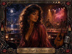 A glamorous woman in a flowing burgundy dress dominates a moonlit lounge, framed by a glowing city skyline and warm live-music stage. Deep blues, amber gold, and rose tones create a romantic, reflective mood. Painterly lighting, guitars, neon, sound waves, vinyl details, and an ornate musical frame enrich the cinematic composition.
