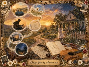 A nostalgic watercolor-and-gouache countryside scene follows a winding road toward a flower-covered farmhouse at sunset. A woman in a flowing white dress waits near the porch while glowing memory bubbles curve across the landscape. Warm gold, blue, cream, and rose tones surround guitars, letters, daisies, photographs, and ornate musical framing.
