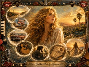 A golden-haired woman stands against a glowing Laurel Canyon sunset, surrounded by feathered memory bubbles showing a highway, motel, vintage convertible, acoustic guitar, songwriter, letter, and seaside figure. Warm amber, gold, cream, and rust tones enhance the nostalgic oil-painted style, framed with ornate musical symbols, roses, microphones, records, and guitars.