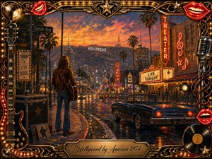 A lone guitarist stands on a rain-slicked Hollywood boulevard at sunset, gazing toward glowing hills and the distant Hollywood sign. Warm gold, amber, red, and violet neon reflections create a nostalgic, slightly lonely mood. Rich oil-paint textures, vintage cars, theater lights, palm trees, musical symbols, and an ornate illuminated frame evoke 1970s glamour.