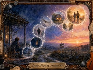 A solitary figure sits beside a quiet country road at twilight as luminous feather-edged bubbles rise in an S-curve, revealing memories of loneliness gradually turning toward companionship. Cool blues and purples transition into warm gold and rose sunlight. Painterly watercolor textures, glowing windows, rural scenery, musical framing, and an engraved title plate create a wistful, hopeful atmosphere.