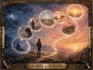 A solitary man stands beneath a glowing dawn, contemplating a sweeping S-curve of luminous memory bubbles containing roads, reaching hands, a welcoming home, and hopeful horizons. Cool midnight blues transition into warm amber and rose light. Painterly textures, feathered highlights, and an ornate music-themed frame create a nostalgic, reflective atmosphere.