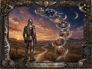 A weathered metallic wanderer stands on a winding path beneath a glowing sunset fading into starry twilight. Feathered glasslike orbs curve upward in an elegant S-shape, holding symbolic memories of roads, clocks, birds, and a heart. Warm amber, silver, and deep blue tones enrich the detailed mixed-media, musical-frame composition.