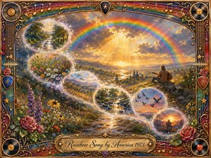 A radiant rainbow arches over a sunlit valley as a lone guitarist rests on a hillside, surrounded by wildflowers, streams, and glowing S-curved memory bubbles. Warm gold, blue, green, and rose tones create a hopeful, nostalgic mood. Ornate musical framing, records, stars, roses, and engraved detailing enhance the richly painterly style.