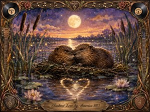 Two affectionate muskrats cuddle beside shimmering marsh water beneath a glowing full moon, surrounded by cattails, lily pads, roses, and fireflies. Warm gold, violet, and blue tones create a dreamy romantic mood. Painterly textures, luminous reflections, musical ornaments, guitar details, vinyl records, and an ornate engraved frame complete the nostalgic scene.