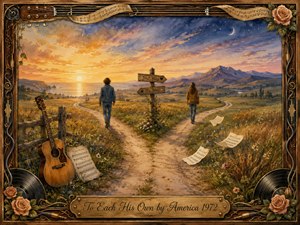 Two figures follow separate winding paths through a golden countryside at sunset, symbolizing individual journeys and quiet acceptance. Warm amber fields contrast with dusky blue mountains and a crescent sky. An acoustic guitar, drifting sheet music, roses, vinyl records, and ornate musical details frame the gentle watercolor-gouache scene.