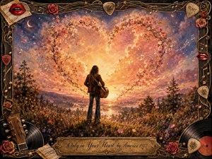 A lone guitarist stands in a glowing meadow beneath a vast heart-shaped canopy of flowering branches, surrounded by drifting petals and musical notes. Warm gold, peach, rose, lavender, and deep blue tones create a wistful twilight mood, framed by ornate strings, roses, records, picks, red lips, and an engraved brass title plate.
