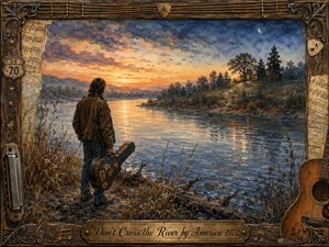 A solitary traveler carrying a weathered guitar case pauses beside a broad river at twilight, gazing toward a warmly lit distant home. Golden sunset reflections merge with deep blue evening tones, creating a wistful, contemplative mood. Rich watercolor textures, drifting birds, rustic grasses, and a music-themed wooden frame evoke nostalgic 1970s Americana.