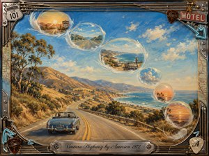 A vintage convertible cruises along a sunlit California coastal highway, surrounded by golden hills, blue ocean, and a luminous sky. Feather-edged memory bubbles sweep in an S-curve, revealing changing road-trip moments from sunrise to sunset. Warm acrylic brushwork, nostalgic colors, chrome musical details, and an ornate travel-themed frame create a dreamy, free-spirited mood.