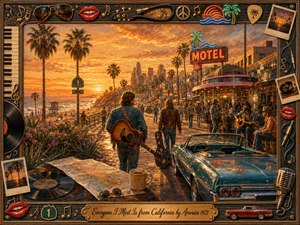 A richly detailed acrylic-style California sunset scene blends coastal highway nostalgia, music culture, and relaxed 1970s atmosphere. Palm trees, ocean light, musicians, pedestrians, neon motel signs, and a gleaming turquoise convertible fill the composition. Warm gold, orange, teal, and bronze tones glow within an ornate music-themed decorative frame.