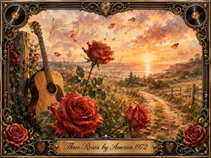 Three deep red roses rise beside a weathered acoustic guitar overlooking a glowing coastal countryside at sunset. A winding path, drifting petals, and faint musical notes create a wistful, romantic atmosphere. Warm gold, amber, crimson, and earthy greens enrich the watercolor style, framed with ornate metalwork, records, strings, and floral details.
