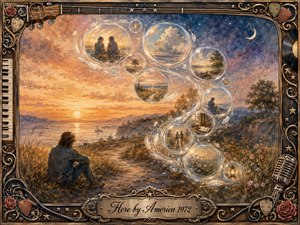 A solitary figure rests beside a winding lakeside path at sunset, surrounded by glowing memory bubbles drifting in an elegant S-curve. Warm gold, rose, and dusty blue tones blend into a starry twilight sky. Watercolor textures, feathered light, musical frame details, roses, guitar strings, and vintage ornaments create a wistful, reflective mood.