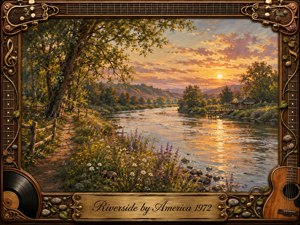 A tranquil riverside glows beneath a warm golden sunset, with rippling water reflecting amber, rose, and lavender skies. Wildflowers, leafy trees, a rustic path, fence, dock, and distant cabin create a peaceful, nostalgic mood. Rich oil-painting textures are surrounded by an ornate guitar-inspired wooden frame with brass musical details.