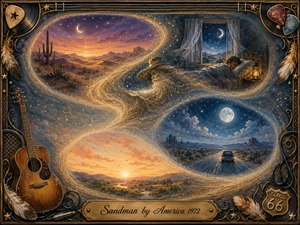 A dreamlike Sandman drifts through glowing desert visions, linking moonlit dunes, a sleeping figure, an open highway, and a radiant dawn in a sweeping S-shaped flow of sand and stardust. Warm golds and amber blend with deep indigo blues, framed by vintage guitar, vinyl, feather, and Route 66 details.