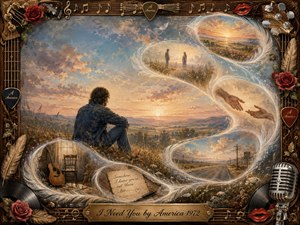 A solitary figure sits on a grassy hillside at sunset, surrounded by a flowing S-curve of feather-like memory bubbles showing love, distance, music, and hope. Warm golds, dusty blues, soft roses, and cream create a wistful watercolor mood, framed by guitars, records, roses, musical notes, and vintage microphone details.