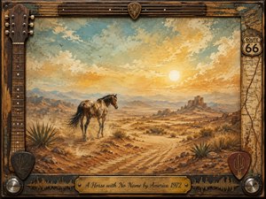A lone horse crosses a vast sunlit desert, surrounded by rippled sand, sparse agave, distant mesas, and hazy blue mountains. Warm gold, ochre, rust, and turquoise tones create a reflective, dreamlike mood. Painterly textures, glowing sunset light, and a weathered guitar-and-Route-66 frame evoke freedom, solitude, and nostalgic Americana.