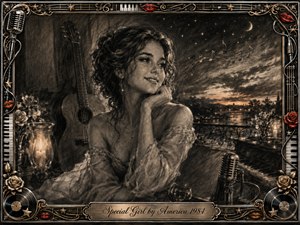 A graceful woman rests thoughtfully beside an acoustic guitar and vintage microphone, overlooking a moonlit waterside landscape beneath drifting musical notes. Deep feathered charcoal textures, smoky sepia tones, candlelit highlights, roses, and soft reflections create a romantic, nostalgic mood. An ornate chrome-and-gold musical frame completes the elegant composition.