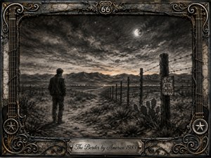 A solitary figure stands beside a barbed-wire border fence in a vast desert under a turbulent moonlit sky. Deep charcoal textures, smoky grays, and faint amber horizon light create a somber, reflective mood. Ornate metalwork, guitar strings, Route 66 details, and gold accents frame the haunting scene.