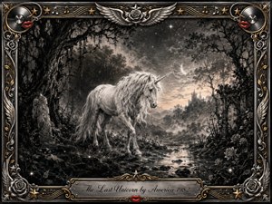A luminous white unicorn stands beside a winding stream in an ancient twilight forest, surrounded by mist, twisted trees, roses, distant castle spires, and fading stars. Deep feathered charcoal textures create a wistful, enchanted mood, while silver highlights glow softly. An ornate chrome-and-gold musical frame adds wings, records, stars, and red lips.