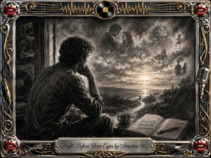 A solitary man sits in quiet reflection, gazing toward a glowing sunset while ghostlike memories drift through the charcoal sky. Deep blacks, smoky grays, and warm highlights create a wistful mood. An ornate chrome-and-gold musical frame, red lips, records, strings, and microphone details surround the nostalgic scene.