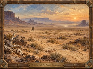 A lone rider crosses a vast desert beneath a glowing sunset, surrounded by cracked earth, scrub, distant mesas, and shimmering haze. Warm ochres, dusty browns, faded blues, and soft gold create a reflective, solitary mood. Painterly textures, a bleached skull, weathered branches, and a rustic bronze-and-wood frame deepen the vintage atmosphere.