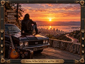 A lone rocker sits on a black muscle car above a glowing coastal city at sunset, surrounded by mountains, highways, and harbor lights. Warm orange skies contrast with deep black leather and chrome. A guitar, road signs, and ornate stringed frame create a nostalgic, cinematic celebration of freedom and possibility.