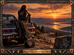 A long-haired rocker sits on a black muscle car above a glowing lakeside city at sunset, with a guitar case leaning nearby. Warm orange light, rugged mountains, winding roads, and metallic details create a nostalgic, rebellious 1980s rock atmosphere, framed by amplifier hardware, strings, knobs, and Canadian maple leaf accents.