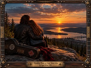 A couple sits closely on a rocky overlook above a broad river valley at sunset, surrounded by pine forests, distant mountains, and a glowing bridge. Warm amber light, dramatic clouds, and reflective water create a romantic, nostalgic mood. An ornate guitar-themed wooden frame and weathered instrument case reinforce the classic rock atmosphere.