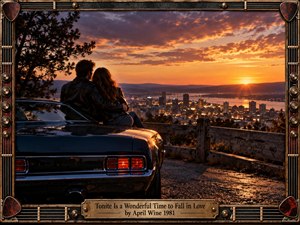A young couple sits close beside a dark classic car at a scenic overlook, watching a glowing city and river beneath a dramatic orange and violet sunset. Warm cinematic light, reflective pavement, distant hills, and an ornate guitar-inspired metal frame create a romantic, nostalgic rock-era atmosphere.