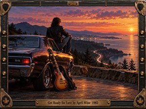 A lone rocker rests beside a black muscle car and sunburst guitar at a mountain overlook, facing a glowing coastal city and winding highway. Fiery orange and violet sunset light creates a reflective, adventurous mood. Cinematic realism, polished chrome, rugged stone, and an amplifier-inspired frame reinforce the classic rock atmosphere.
