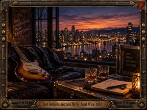 A warmly lit loft overlooks a glowing city skyline and bridge at dusk, with an amber electric guitar resting on a dark leather sofa beside whiskey glasses, a handwritten journal, and lantern light. The nostalgic cinematic scene blends deep blues, copper tones, industrial textures, and an ornate guitar-inspired metal frame.