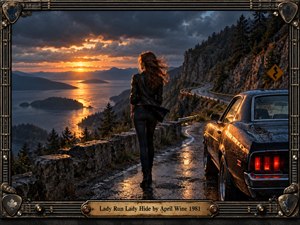 A lone woman walks beside a rain-slick mountain road at sunset, leaving a dark muscle car behind as golden light breaks through storm clouds over distant water. The cinematic scene feels restless and reflective, with rugged cliffs, deep shadows, glowing reflections, and a detailed guitar-inspired metal frame surrounding the dramatic landscape.