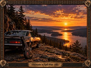 A black muscle car and weathered guitar case overlook a winding lake at fiery sunset, framed by rugged forest and distant hills. Warm orange light glows across rock and water, creating a bold, nostalgic rock-and-roll mood. Detailed realism, metallic accents, maple leaves, guitar strings, and an engraved frame reinforce the Canadian identity.