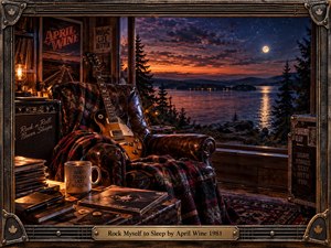 A worn leather chair and sunburst guitar anchor a warm lakeside music room opening onto a moonlit twilight landscape. Amber lamplight contrasts with deep blue water and sky, while records, blankets, posters, and vintage equipment create nostalgic intimacy. An ornate guitar-themed frame completes the richly cinematic photographic scene.