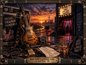 A battered electric guitar and road cases frame a rain-slicked city venue at sunset, where glowing stage lights and a departing tour bus suggest the restless cycle of performance and travel. Warm amber, red, and steel tones create a gritty cinematic mood, enhanced by worn metal framing, backstage clutter, and weathered rock memorabilia.