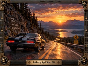 A black muscle car speeds along a winding mountain highway at sunset, surrounded by rocky cliffs, pine forests, distant peaks, and a glowing lake. Warm orange light reflects across the road, creating a restless, adventurous mood. A richly detailed guitar-inspired frame with brass hardware and maple leaf accents completes the vintage rock aesthetic.