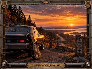 A black muscle car and weathered guitar case overlook a winding highway, autumn forest, shimmering water, and distant skyline beneath a fiery sunset. Warm amber light, deep shadows, and cinematic photographic detail create a nostalgic road-trip mood. A rugged guitar-inspired metal frame with maple accents completes the classic rock atmosphere.