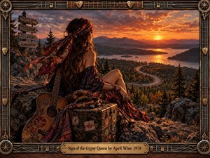A bohemian traveler rests beside a weathered guitar and vintage suitcase on a rocky overlook, watching a fiery sunset illuminate winding roads, forests, mountains, and reflective water. Warm amber light, rich earth tones, ornate textures, and an instrument-inspired bronze frame create a mysterious, adventurous classic-rock atmosphere.