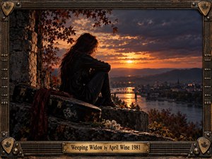 A solitary woman sits on a rocky overlook above a river and distant town at fiery sunset, creating a reflective, mournful mood. Deep amber, burgundy, charcoal, and violet tones surround her, while a guitar case, scarf, flowers, autumn leaves, and weathered music-inspired frame add nostalgic rock-era detail.