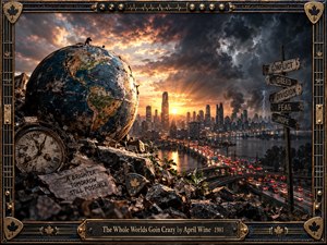 A battered globe overlooks a storm-darkened city where fiery sunset light breaks through smoke and lightning. Traffic streams across bridges beneath ominous clouds, while a cracked clock, hopeful note, directional signs, and emerging greenery suggest crisis and resilience. The cinematic digital artwork uses rich bronze, blue, charcoal, and amber tones.