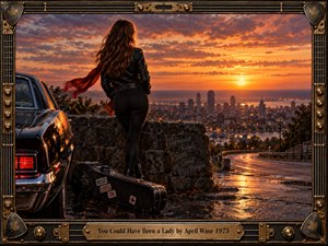 A lone woman in black leather stands beside a vintage car and guitar case, overlooking a glowing city at sunset. Wet pavement reflects amber light beneath dramatic clouds, creating a wistful, restless mood. An ornate brass and leather guitar-inspired frame surrounds the cinematic scene with rich retro rock detail.
