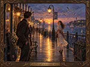 A romantic seaside promenade glows at sunset as a young man carrying a guitar watches a woman glance back while walking away. Golden lamplight reflects across wet pavement beneath violet-blue clouds. Painterly brushwork, soft coastal haze, distant sailboats, a lighthouse, and an ornate bronze frame create a wistful, cinematic mood.