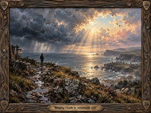 A solitary figure stands on a rain-darkened coastal path overlooking a rugged village and restless sea as storm clouds break apart. Warm golden sunlight pours through the opening sky, illuminating cliffs, waves, and distant birds. Richly textured painterly details, earthy browns, slate blues, and glowing amber create a hopeful, reflective atmosphere.