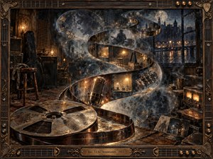 A worn reel-to-reel tape spirals through a shadowy vintage recording studio, carrying ghostlike memories, musicians, rooms, and rain-soaked city lights. Warm amber lamps contrast with deep blue night tones, creating a nostalgic, introspective mood. Rich bronze, wood, smoke, and metallic textures give the surreal mixed-media composition a handcrafted, cinematic depth.