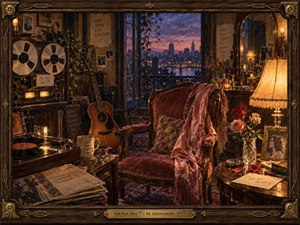 A richly detailed 1970s music room surrounds an empty velvet chair, acoustic guitar, reel-to-reel recorder, and spinning vinyl, suggesting intimate memories and absence. Warm amber lamplight contrasts with violet twilight beyond the open window, while roses, photographs, polished wood, patterned textiles, and ornate framing create a nostalgic, romantic, handcrafted atmosphere.