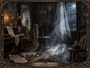A haunted Victorian music room glows beneath cold moonlight and fading candlelight, centered on an empty wooden chair beside an aged piano. Sheer curtains billow through the window, scattered sheet music and flowers cover the worn floor, and ornate dark framing, antique portraits, deep blues, warm amber highlights, and painterly realism create a mournful, spectral atmosphere.