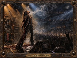 A lone rock singer stands center stage beneath amber and icy blue spotlights, head lifted into swirling smoke as a vast crowd surges beyond him. Worn black clothing, scattered equipment, and a weathered bronze-and-wood frame create a gritty live-concert atmosphere, balancing raw energy, exhaustion, release, and dramatic cinematic realism.